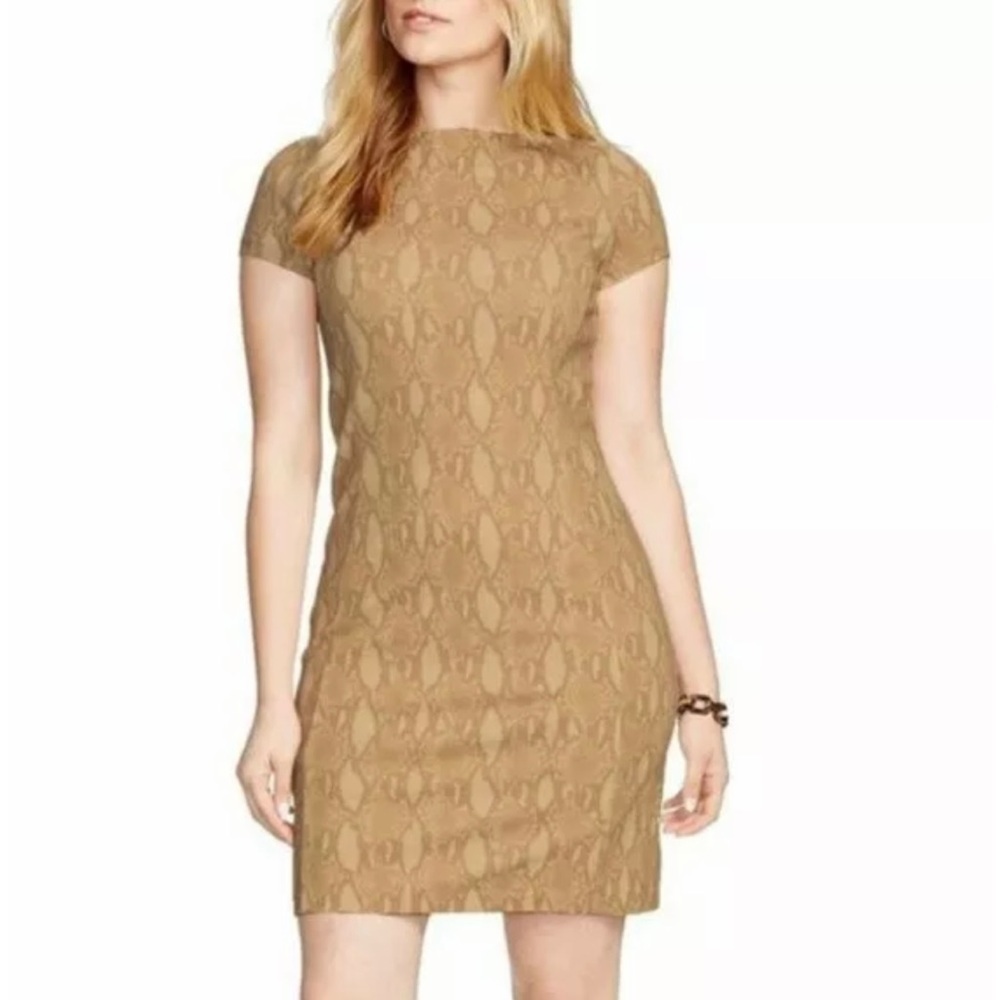 Lauren Ralph Lauren Dress S Sheath Mini Snakeskin Boat Neck Short Sleeve Beige